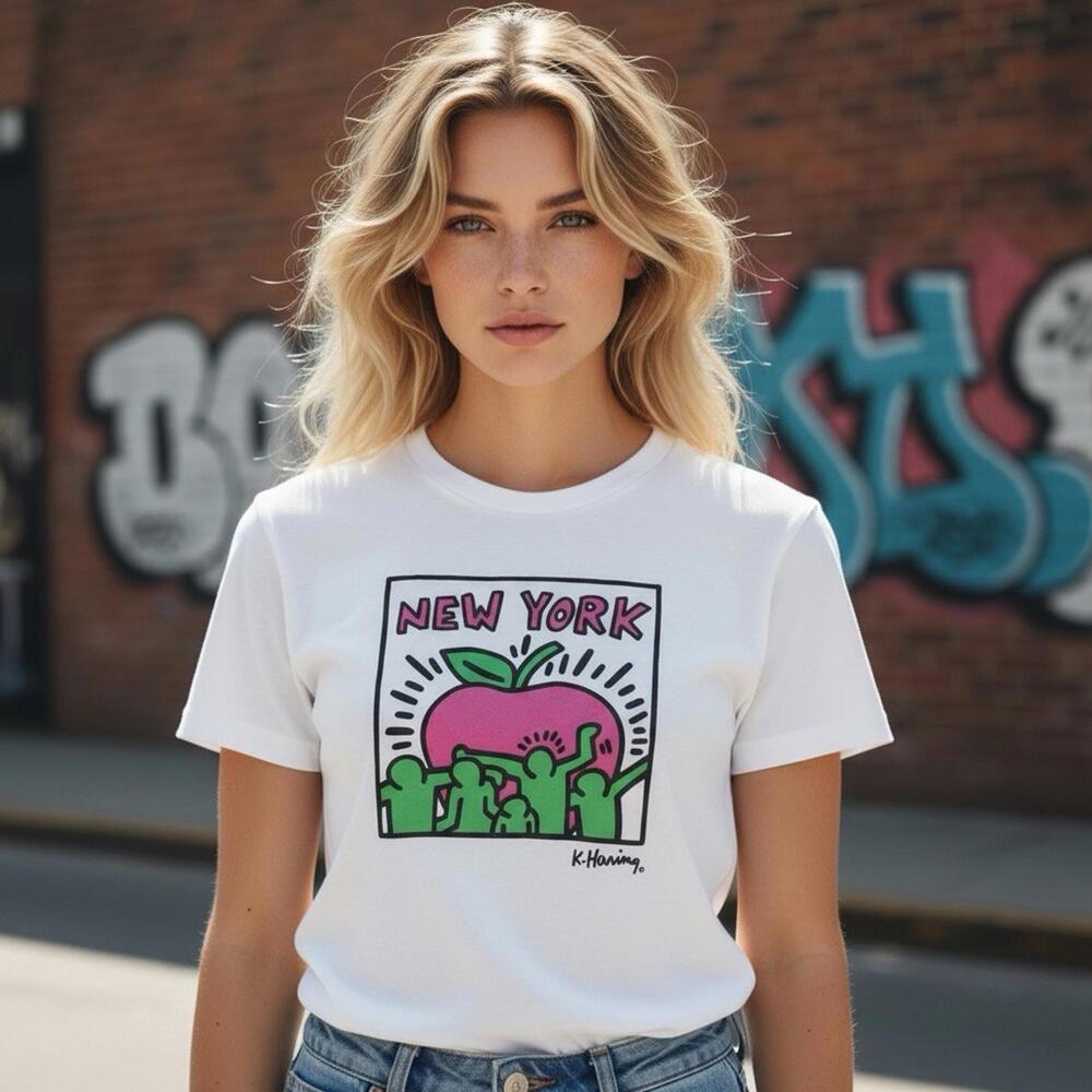 K. Haring New York Graphic T-Shirt Relaxed Boyfriend Tee White XS